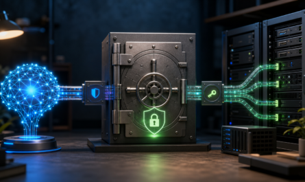 AI assistant connected through a secure vault to homelab servers using scoped read-only automation access.