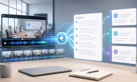 Meeting recording and transcript flowing into AI-generated meeting minutes and action item cards.