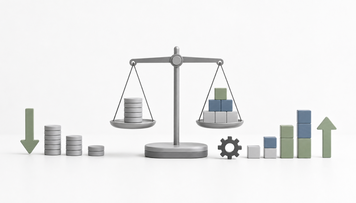 Minimal cost-control and capability-growth objects on a white background.
