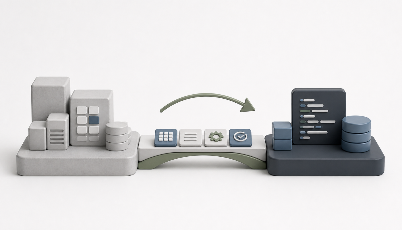 Minimal platform migration objects showing a move from legacy low-code blocks to a modern app foundation.